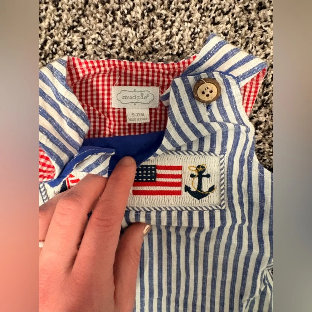 Baby Boys Nautical Stripe & Plaid Romper Set - Blue, Navy, Red